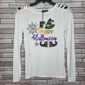 New Girls Poof New York Halloween Shirt Size Small Long Sleeve White Top Sequins